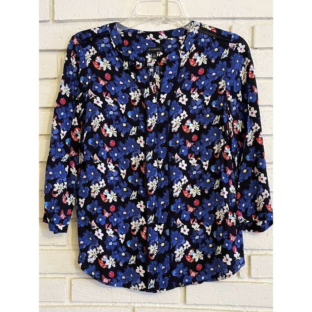 Talbots Top Womens Size XS Blue Red White Floral 3/4 Sleeve V Neck Pullover